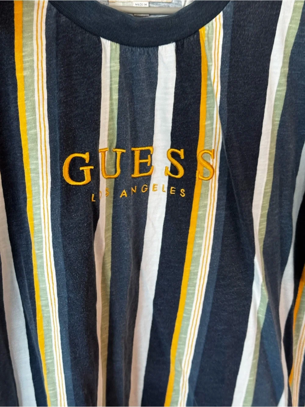 Vintage Guess Navy, White, Green, & Yellow Striped Tee - Picture 2 of 4